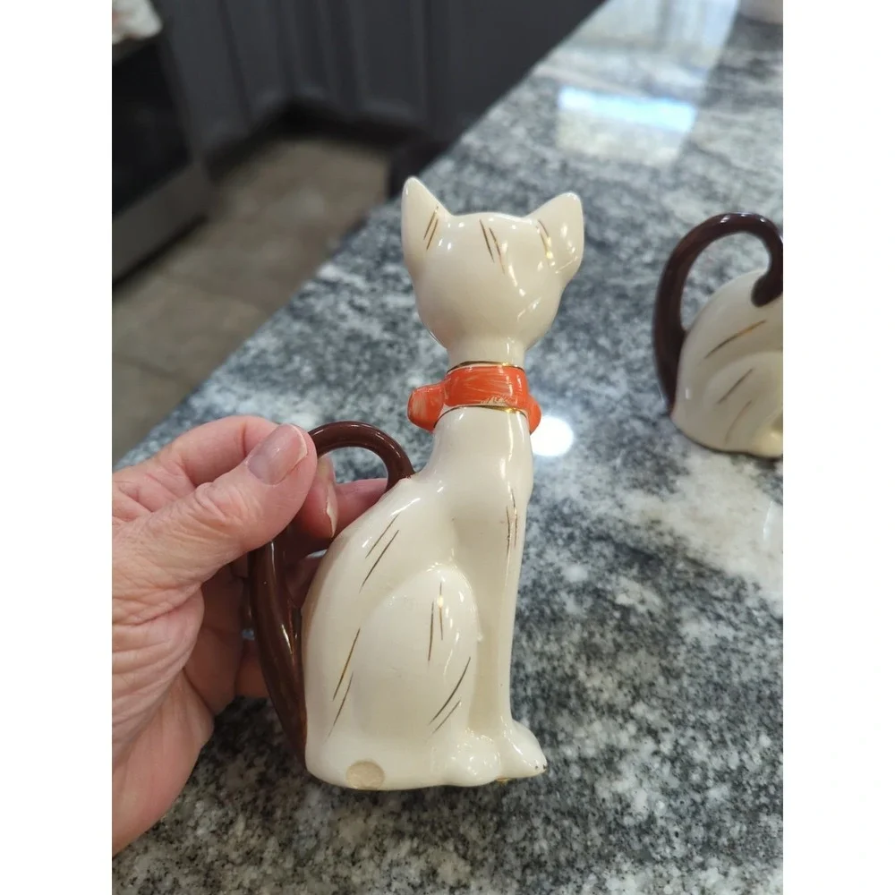 Vintage MCM Pair of Porcelain Cats Kitties Blue Eyes Tall Kitchy Long Tails
